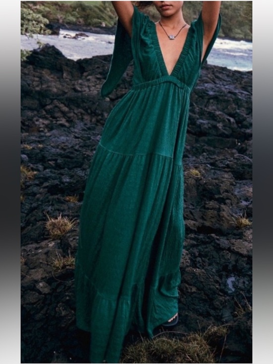 Free People Dresses & Skirts - Free People Beach La La Maxi Dress Tiered Flutter Sleeve Teal Blue Green Size S